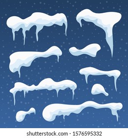 Snowball and snowdrift, icicles and snowcap borders. Vector set of isolated snow winter elements. Illustration of snowball effect, frost snowcap.