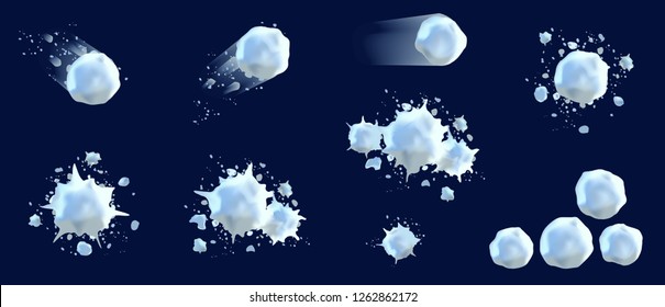 Snowball splats in vector, realistic 3d. Winter fun, playing with snow, children's games, throw a snowball. Isolated on background for banners, stickers, cards.