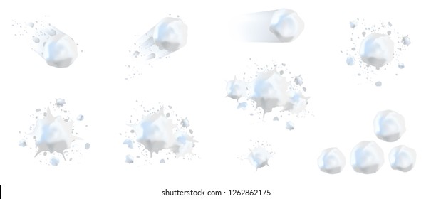 Snowball splats in vector, realistic 3d. Winter fun, playing with snow, children's games, throw a snowball. Isolated on white background for banners, stickers, cards.