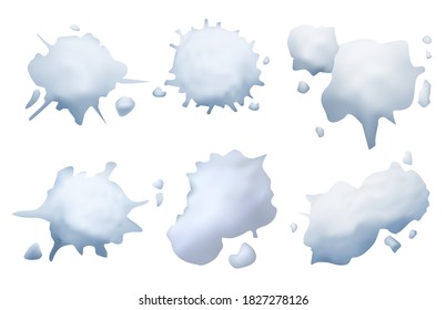 Snowball splats. Winter game grunge frozen realistic splats vector template