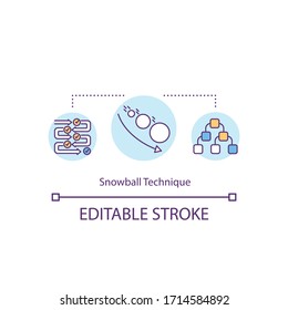 Icono de concepto de técnica de bola de nieve. Estrategia de investigación. Encuesta sociológica. Generación de ideas. Ilustración delgada de la idea de muestreo de bola de nieve. Dibujo de color RGB con contorno aislado por vectores. Trazo editable