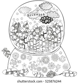 Snowball with tribal  feathers forest and snow.  Coloring book page for adult. Art feathers, doodle design elements. Black and white background. Vector.