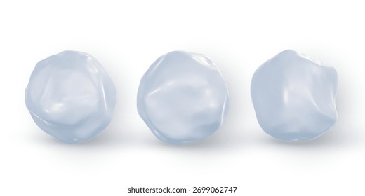 Snowball Winter Element With Realistic Soft Texture In Three Variations On White Background For Seasonal Designs, Holiday Graphics And Creative Projects, Vector Illustration.