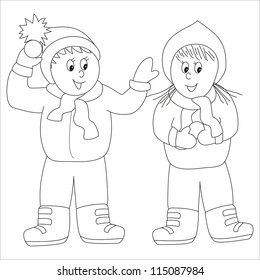 snowballing, coloring book, vector illustration