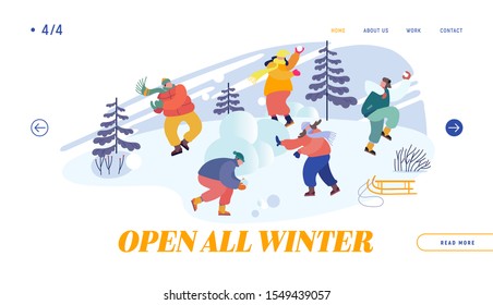 Snowballs Battle between Friends Teams Website Landing Page. Christmas Holidays Activity. Happy Young People Fight Snow Balls on Wintertime Vacation Web Page Banner. Cartoon Flat Vector Illustration