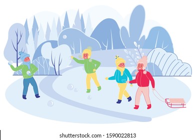 Snowballs Battle between Friends Teams. Happy Children Company in Warm Clothes Fight with Snow Balls on Street on Wintertime Vacation. Christmas Holidays Activity. Cartoon Flat Vector Illustration