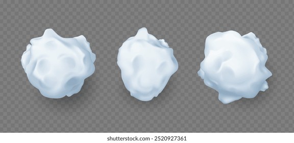 Colección de bolas de nieve, esferas de nieve realistas aisladas. Vector bolas de escarcha. Juego de invierno de lucha de Navidades. Juega con los copos de nieve de hielo. Vacaciones de Año Nuevo. Elementos de masa helada de grumo nevado Conjuntos