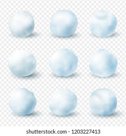 Snowballs realistic winter frost set, christmas decoration. Balls of packed snow, for throwing at fun. Vector 3D illustration