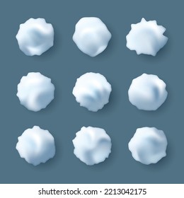 Snowballs set. Snowballs, snowdrift. New year winter ice element. Realistic snow caps isolated on blue background. Symbol for kids winter games. 3d vector illustration