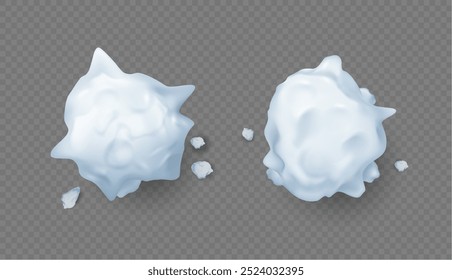 Bolinhas de neve definidas. Vetor neve realista salpicos, respingos e redondo branco neve flocos coleção. Elemento de decoração de feriados de inverno. Bola de gelo, pilha de massa de neve congelada para jogar ao ar livre