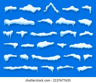 Snowballs and snow drifts set. Snow caps, snowy ice and frozen icicles, vector cartoon icons, isolated on transparent background. Winter element. Christmas window, roof, chimney.