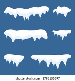 Snowballs and snow drifts winter decoration vector set. Snow caps collection illustration isolated on blue background. Christmas snowy elements.