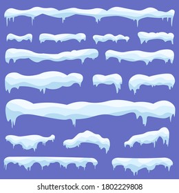 Snowballs and snow drifts winter decoration snowy elements. Snow caps, snowballs and drifts set. Cartoon pattern. Winter decorations. Seasonal elements for design. Vector illustration, eps 10.