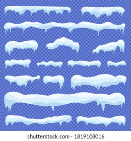 Snowballs and snow drifts winter decoration snowy elements. Snow caps, snowballs and drifts set. Cartoon pattern. Winter decorations. Seasonal elements for design. Vector illustration, eps 10.