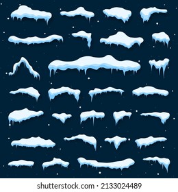 Snowballs and snowdrifts set. Snow caps, snowy ice and frozen icicles, vector cartoon icons, isolated on transparent background. Winter element. Christmas window, roof, chimney.