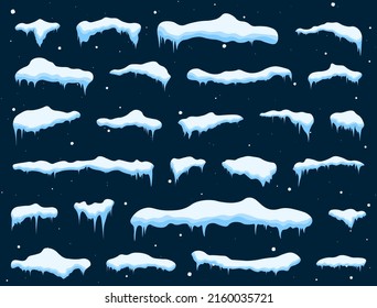 Snowballs and snowdrifts set. Snow caps, snowy ice and frozen icicles. Winter element. Christmas window, roof, chimney.