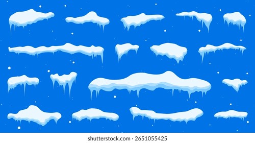 Snowballs and snowdrifts set. Snow caps, snowy ice and frozen icicles, vector cartoon icons, isolated on transparent background. Winter element. Christmas window, roof, chimney.