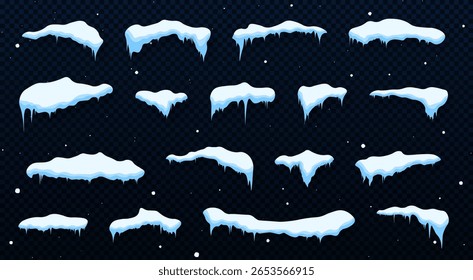 Snowballs and snowdrifts set. Snow caps, snowy ice and frozen icicles, vector cartoon icons, isolated on transparent background. Winter element. Christmas window, roof, chimney.