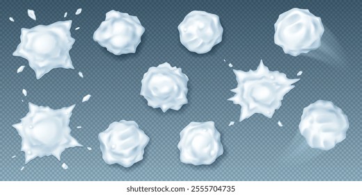 Snowballs and splats realistic vector icons set. Spheres of snow for active winter game 3d objects bundle on transparent background