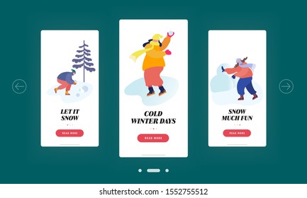 Snowballs Winter Time Outdoors Spare Time Mobile App Page Onboard Screen Set. People Snow Balls Fighting, Wintertime Season Vacation Concept for Website or Web Page, Cartoon Flat Vector Illustration