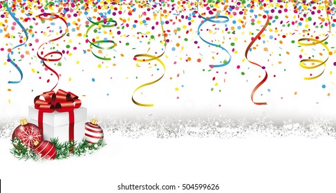 Snowbanner with gift, baubles, confetti and ribbons on the white. Eps 10 vector file.