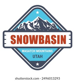 Snowbecken, Utah, Wasatch Mountains Resort Stempel, Emblem mit schneebedeckten Bergen, Vektor