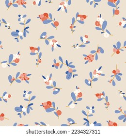 Snowberry winter seamless pattern holiday background. Perfect for for print, wrapping paper, fabric, wallpaper, cover, textile