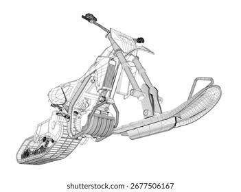 Snowbike Motordrahtmodell auf weißem Hintergrund, mit komplizierten Linien und realistischen Kurven.