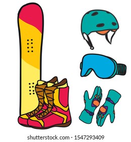 Snowboard and accessories. Winter activity elements. Icon set with snowboard, helmet, gloves, boots and glasses. Colorful vector isolated on white background. 