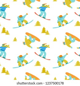 Snowboard active sports background. Snowboarders vector illustration. Xmas winter seasonal seamless pattern. Christmas holidays outdoor sport recreation and activity wallpapers.