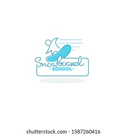 snowboard adventure school and lessons, vector lin art logo with lettering composition