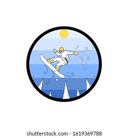 Snowboard athlete doing extreme trick in the air, under the blue sky, hand drawn logo illustration. Snowboarder training dangerous outdoor sport drawing decoration.