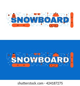 Snowboard banner, snowboard lettering flat line design with icons and elements for book cover, report header, presentation,illustration, infographics, printing, website banner and landing page.