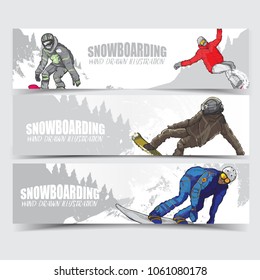 snowboard banner set. illustration of snowboard player. drawing vector