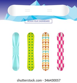 Snowboard banner template. White snowboard design template with a set of applied example patterns.