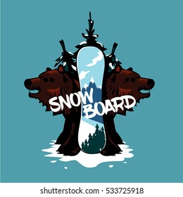 Snowboard and bears. Extreme sport illustrartion. Tattoo style