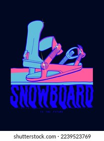 Snowboard binding 90s style retro typography pink and purple silkscreen t-shirt print vector illustration.