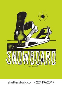 Snowboard binding distressed winter sports vintage typography t-shirt print vector illustration.