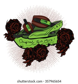 Snowboard binding vector with grungy background and text and roses