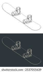 Snowboard board and boots isometric blueprint. Snowboard set