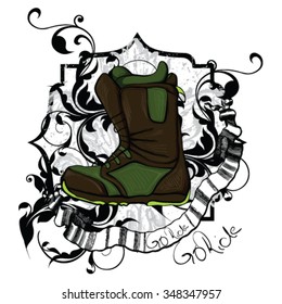snowboard boot vector with grungy and floral elements and text