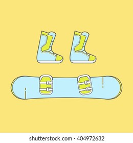Snowboard Boots and binding packages. The vector set of equipment for snowboarding.  Snowboard gear