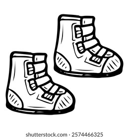 Snowboard boots hand drawn doodle. Sports equipment. Accessory for foot protection. Snowboarding shoes. Snowboard. Snow riding. Winter games tool. Vector line art illustration.