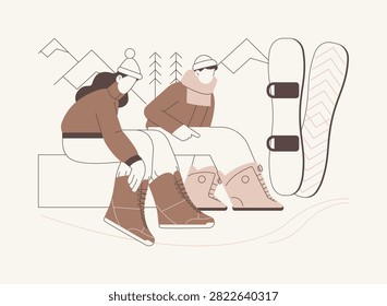 Snowboard boots isolated cartoon vector illustrations. Couple wearing snowboard boots, rental business, tourism and recreation industry, outdoor equipment, winder holidays vector cartoon.