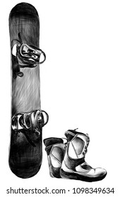 snowboard with boots, sketch vector monochrome illustration in graphic style