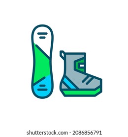 Snowboard and boots. Winter recreational extreme sport equipment. Pixel perfect, editable stroke colorful icon