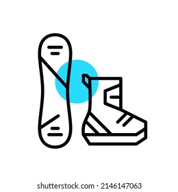 Snowboard and boots. Winter recreational extreme sport equipment. Pixel perfect, editable stroke geometric icon