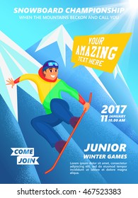 Snowboard championship event poster. Vintage vector illustration of teenage snowboarder character on mountain background.