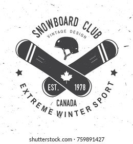 Snowboard Club. Canada. Vector illustration. Concept for shirt , print, stamp or tee. Vintage typography design with snowboard and helmet silhouette. Extreme winter sport.