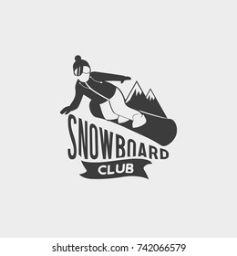 Snowboard club logo, label or badge template. Vector symbol with male snowboarder rides on slope. WInter extreme sport icon.